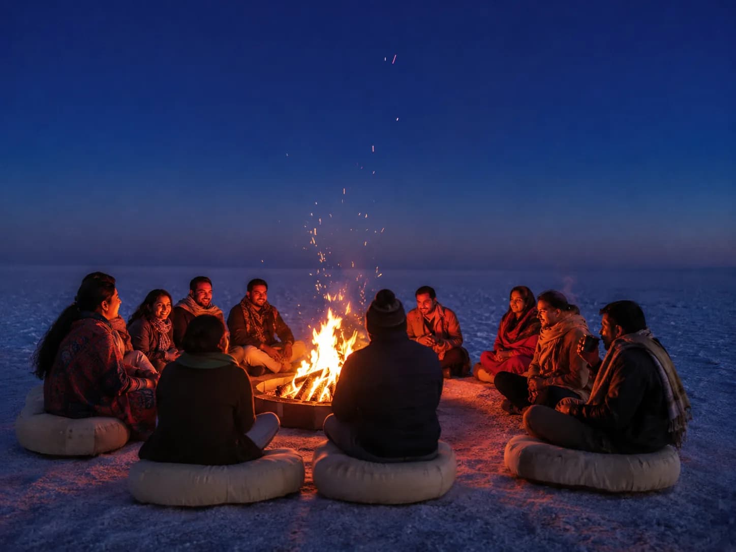 Guests gathered around bonfire at twilight on the White Rann at Rann Utsav Dhordo Tent City