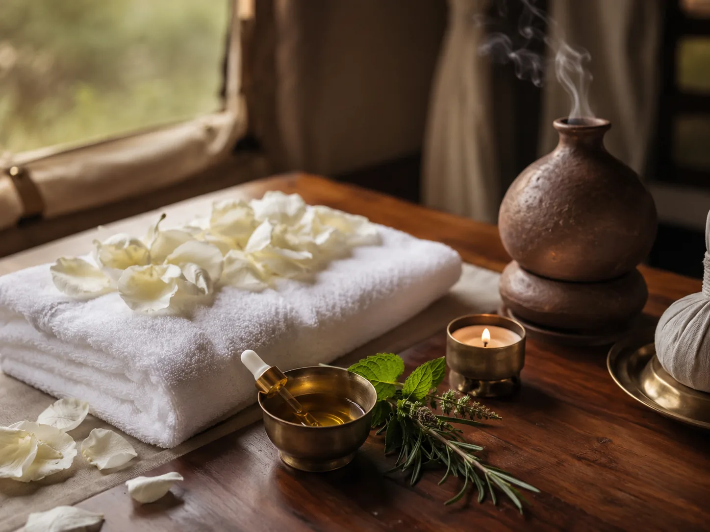 Serene Kutchi spa wellness ritual with brass bowl, candle and rose petals at Rann Utsav Dhordo tent city