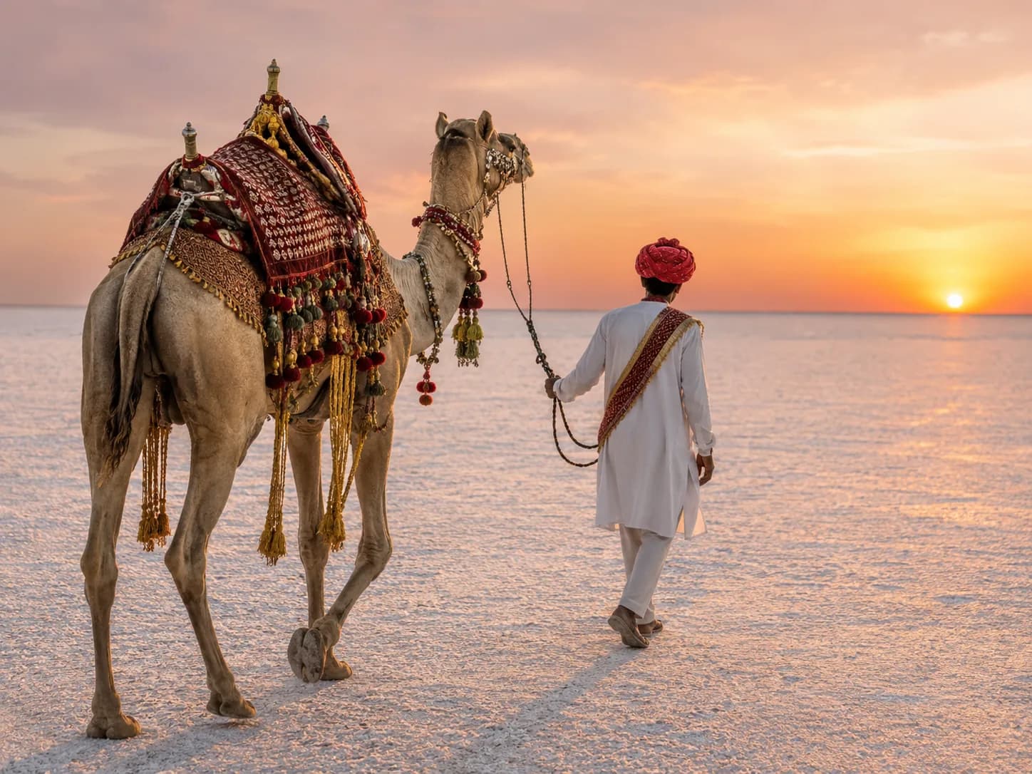 Decorated Kutchi camel and handler walking across the White Rann at sunset on a Rann Utsav camel safari